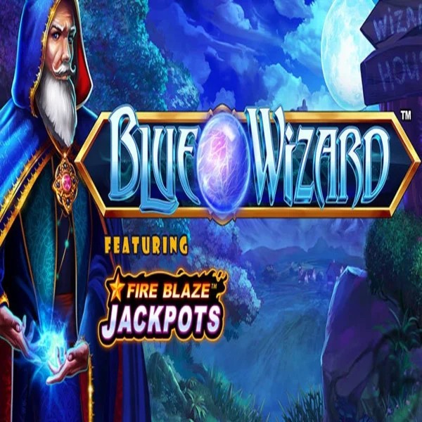 Blue Wizard Fire Blaze Jackpots logo by Rarestone Gaming Vegasino Casino